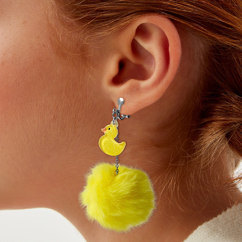 Rubber Ducky Pom Pom Clip-On Drop Earrings