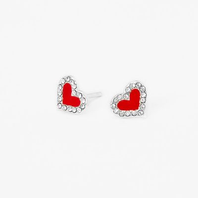 Sterling Silver Embellished Red Heart Stud Earrings