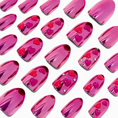 Puffy Heart Pink Chrome Short Almond Vegan Faux Nail Set - 24 Pack