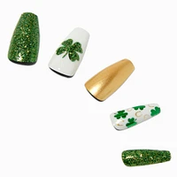 Shamrocks & Glitter Squareletto Press On Faux Nail Set - 24 Pack