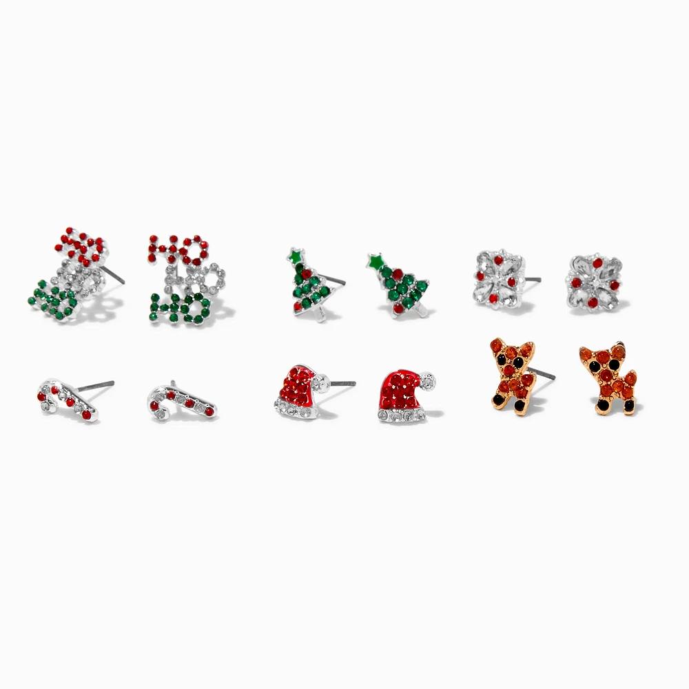 Christmas Icons Rhinestone Stud Earring Set - 6 Pack