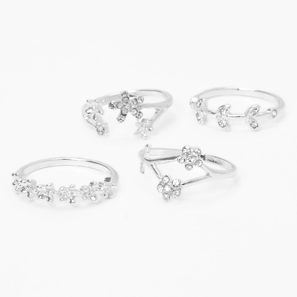 Silver Embellished Flower Vine Rings - 4 Pack