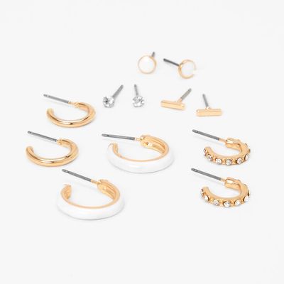 Gold & White Enamel Earrings Set - 6 Pack