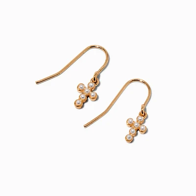 Pearl Cross Gold-tone Drop Earrings