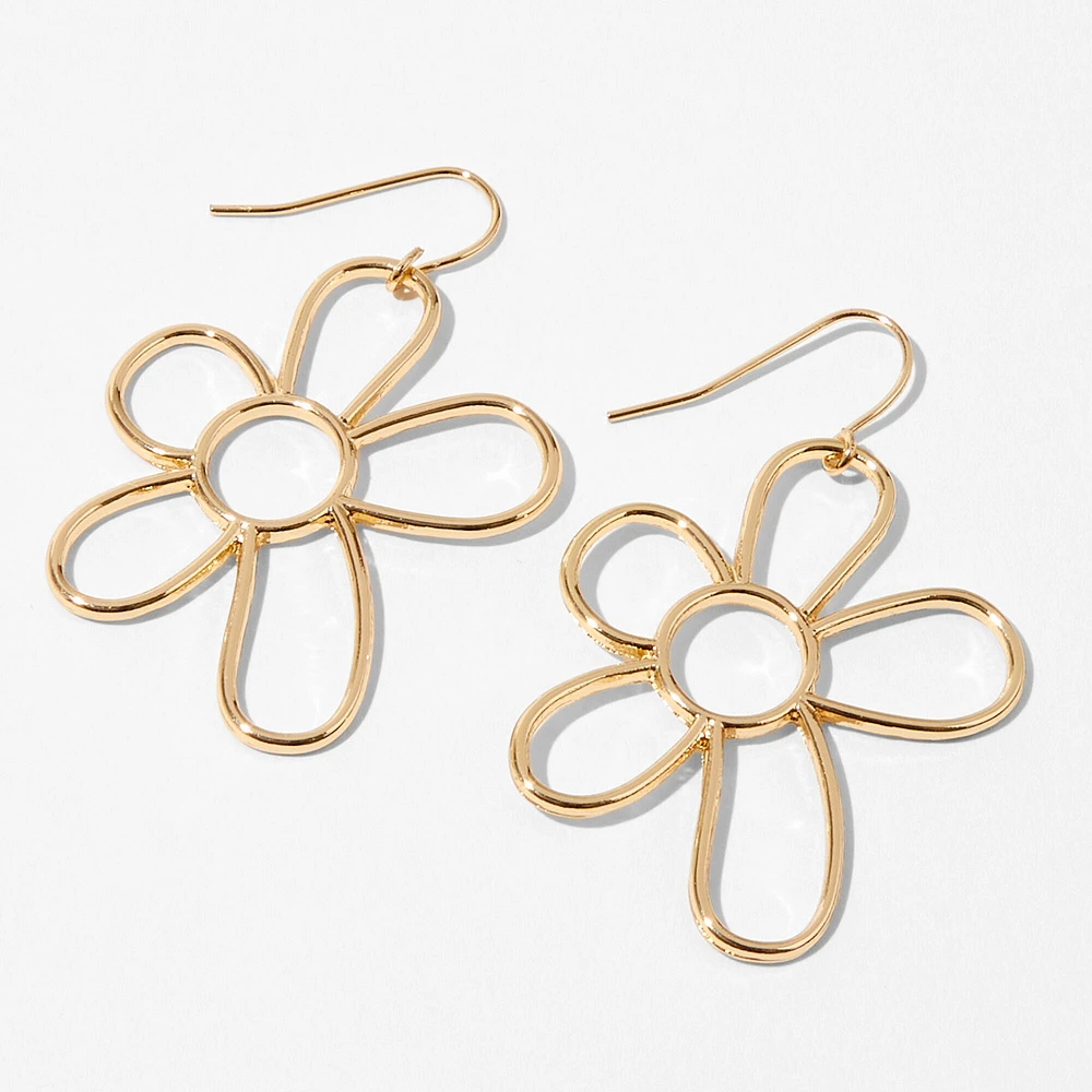 Gold Daisy Outline 1" Drop Earrings