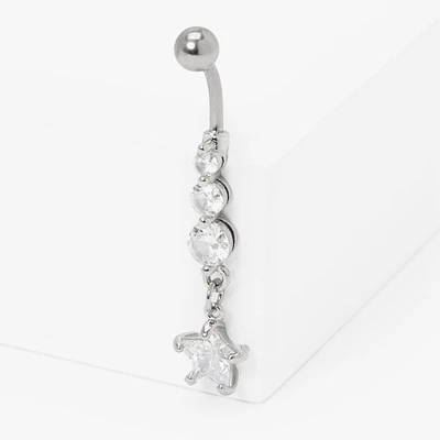 Silver 14G Crystal Star Linear Belly Ring