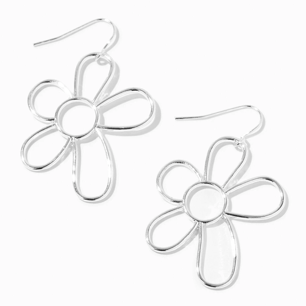 Silver Daisy Outline 1" Drop Earrings