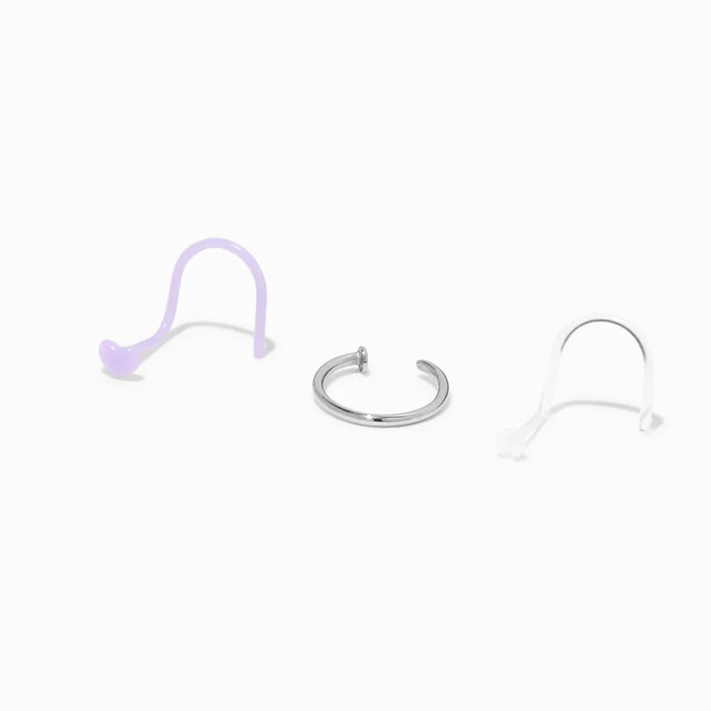 Stainless Steel & BioFlex® 20G Purple Heart Curved Nose Studs - 3 Pack