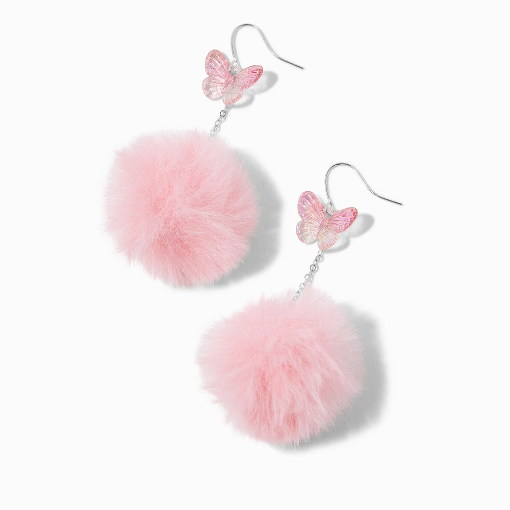 Pink Butterfly Pom Pom 3'' Drop Earrings