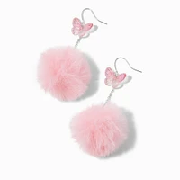 Pink Butterfly Pom Pom 3'' Drop Earrings