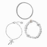 Silver-tone Pearl Bow Cup Chain Bracelet Set - 3 Pack