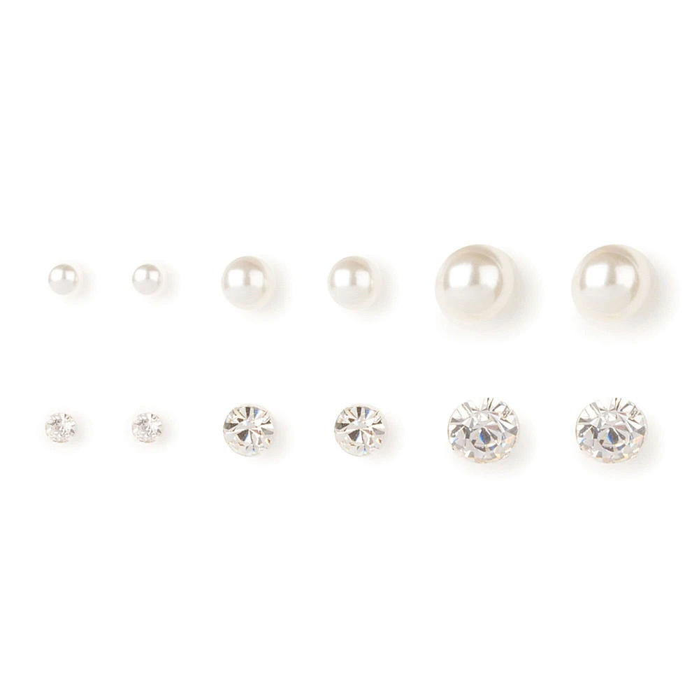 Graduated  Pearl & Crystal Stud Earrings - 6 Pack