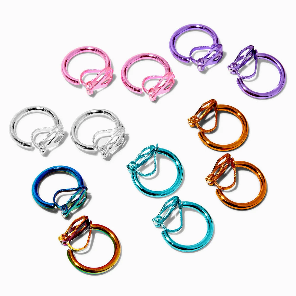 Anodized Rainbow 15mm Clip-On Hoop Earrings - 6 Pack