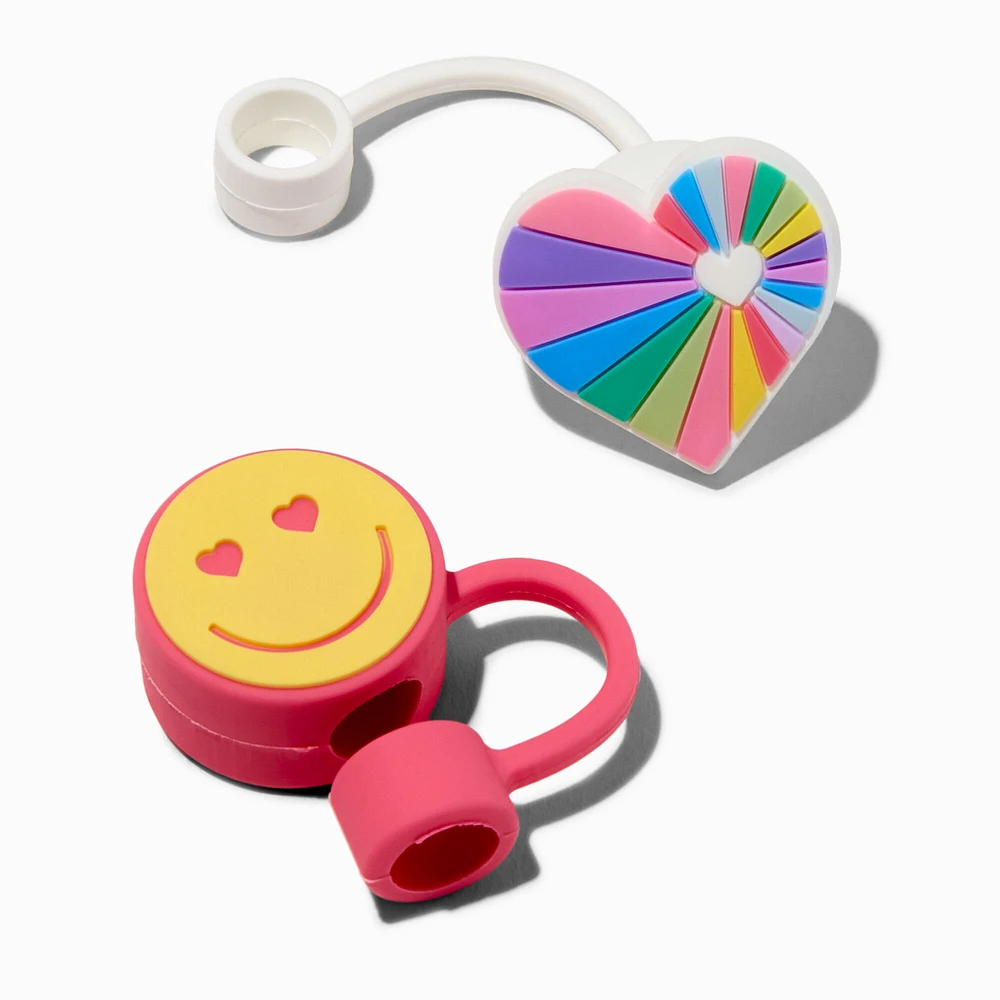 Happy Face & Rainbow Heart Straw Covers - 2 Pack