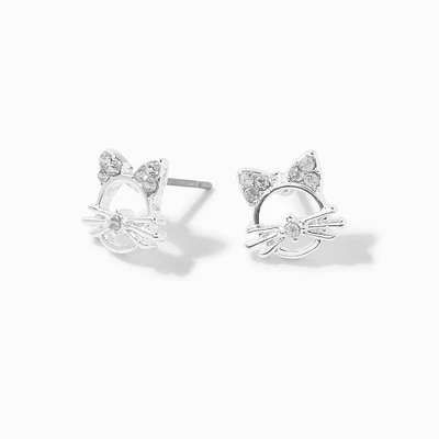 Silver-tone Outline Cat Stud Earrings