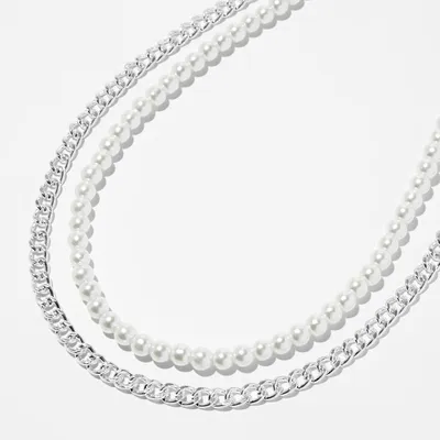 Silver Curb Chain & Pearl Multi-Strand Necklace