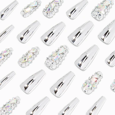 Iridescent Silver Extra Bling Squareletto Vegan Faux Nail Set - 24 Pack