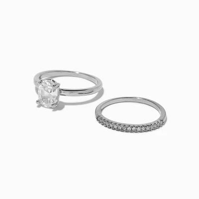 Silver-tone Cubic Zirconia Oval Rings Stack - 2 Pack