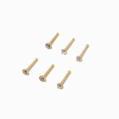 Gold-tone Cubic Zirconia 20G Stainless Steel Nose Studs - 6 Pack