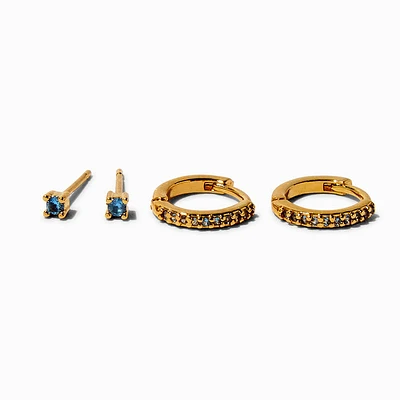 C LUXE by Claire's 18k Yellow Gold Plated Aqua Cubic Zirconia 2MM Stud & 8MM Hoop Earrings - 2 Pack