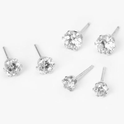 Silver Cubic Zirconia Round Stud Earrings - 4MM, 5MM, 6MM
