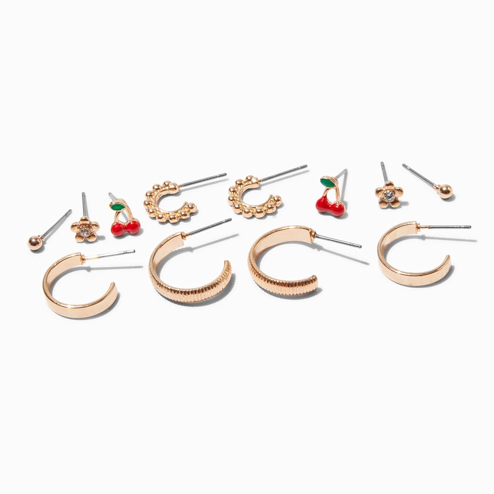 Gold-tone Cherry Earring Stackables Set - 6 Pack