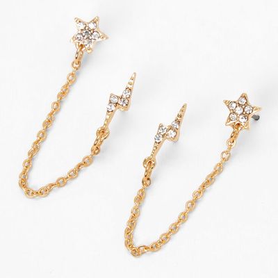 Gold Lightning Star Connector Chain Stud Earrings