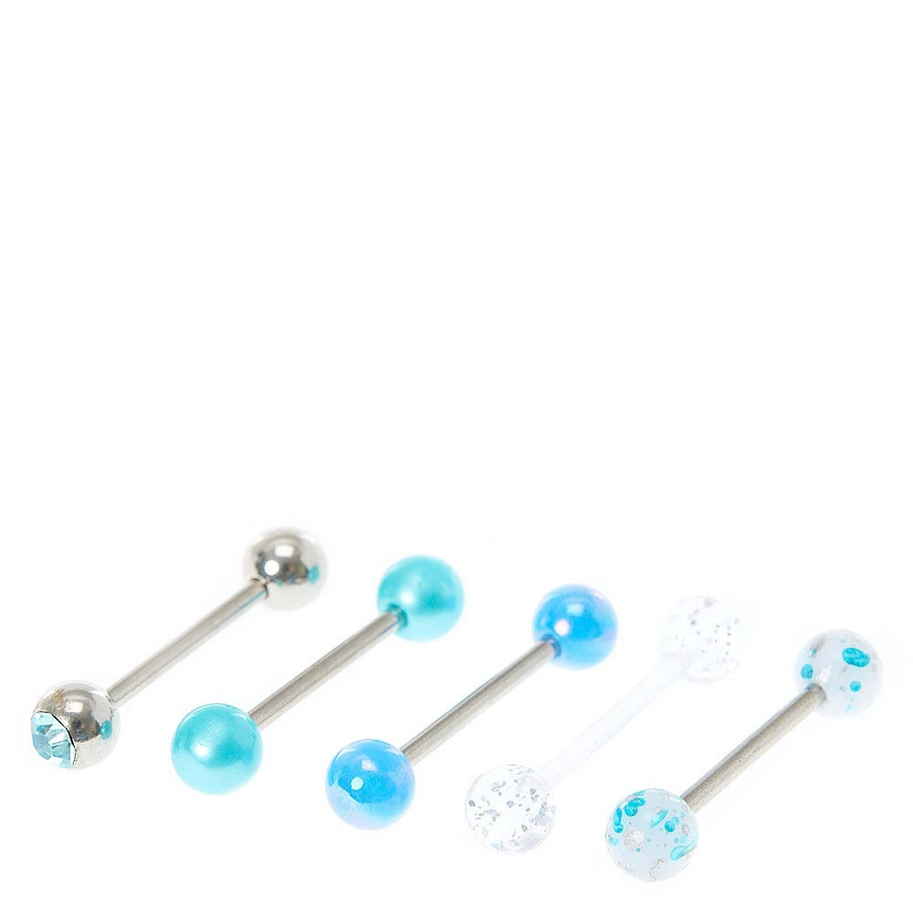 Aqua Barbell Tongue Rings - Blue, 5 Pack