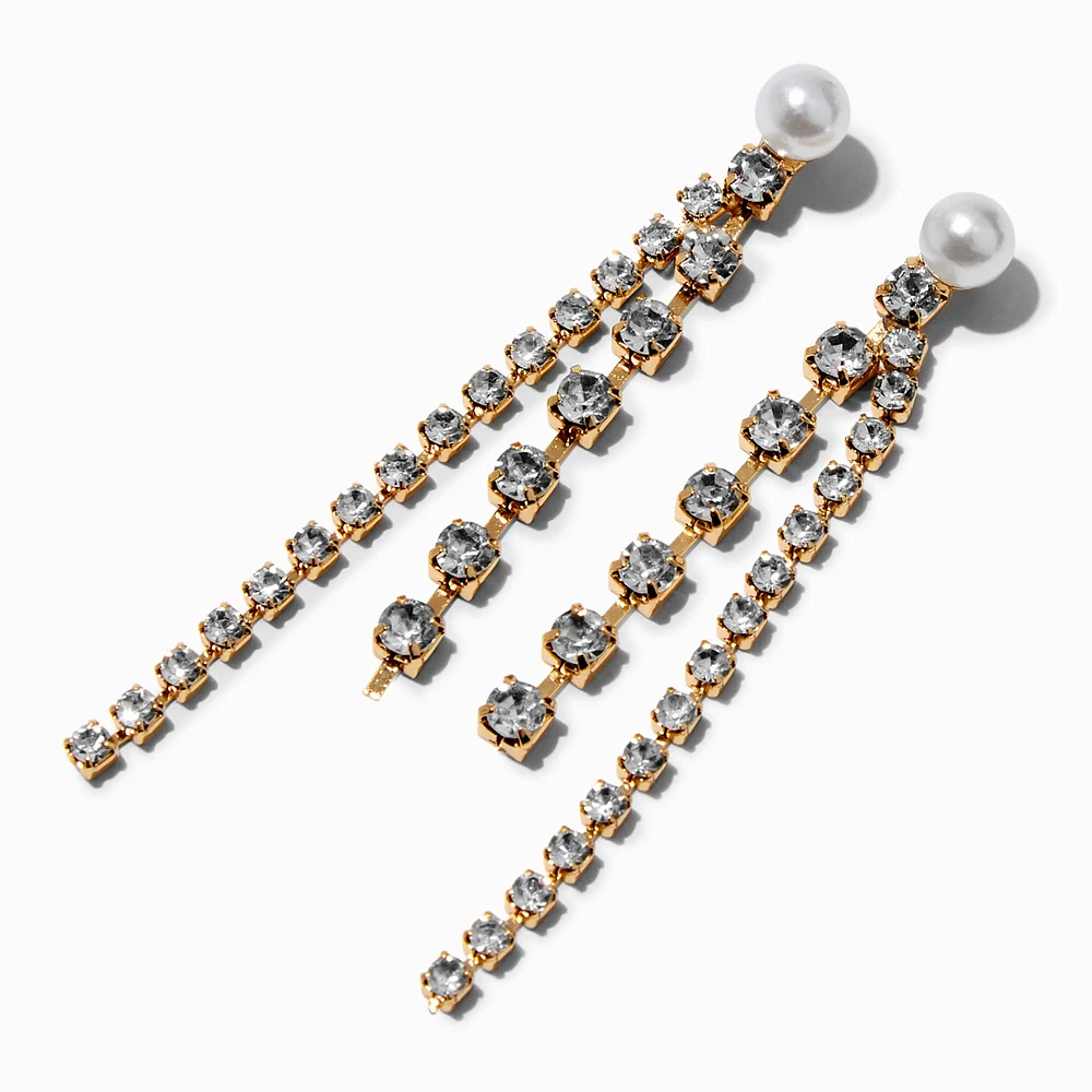 Gold-tone Pearl & Rhinestone Cup Chain 2" Drop Earrings