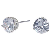 Silver-tone Cubic Zirconia 7MM Round Stud Earrings