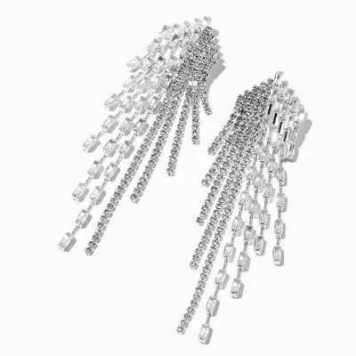 Silver Space Rhinestone Linear Fringe 3" Drop Earrings