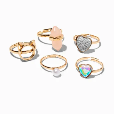 Claire's Club Gold Cat Box Rings - 5 Pack
