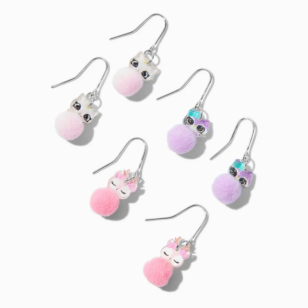 Pom Pom Animal Drop Earrings - 3 Pack