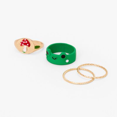 Green Frog, Red Mushroom, & Woven Band Ring Set (4 Pack)