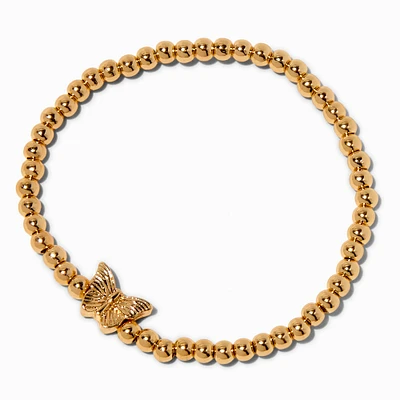 Butterfly Charm Gold-tone Shot Bead Stretch Bracelet