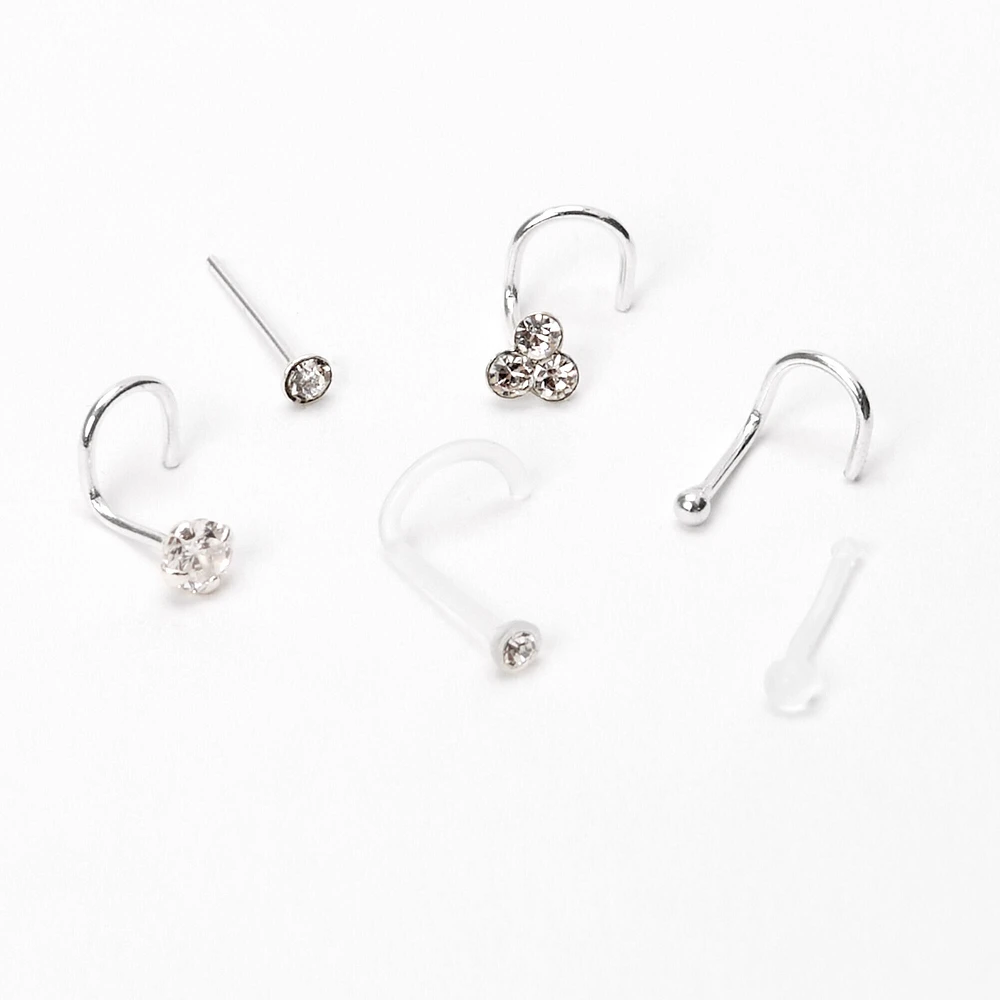 22G Sterling Silver Crystal Ball Bezel Nose Studs - 6 Pack