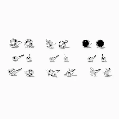 Silver-tone Nautical Stud Earrings - 9 Pack