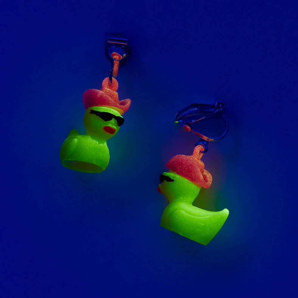 Cowboy Rubber Duck Glow in the Dark Clip-On Drop Earrings