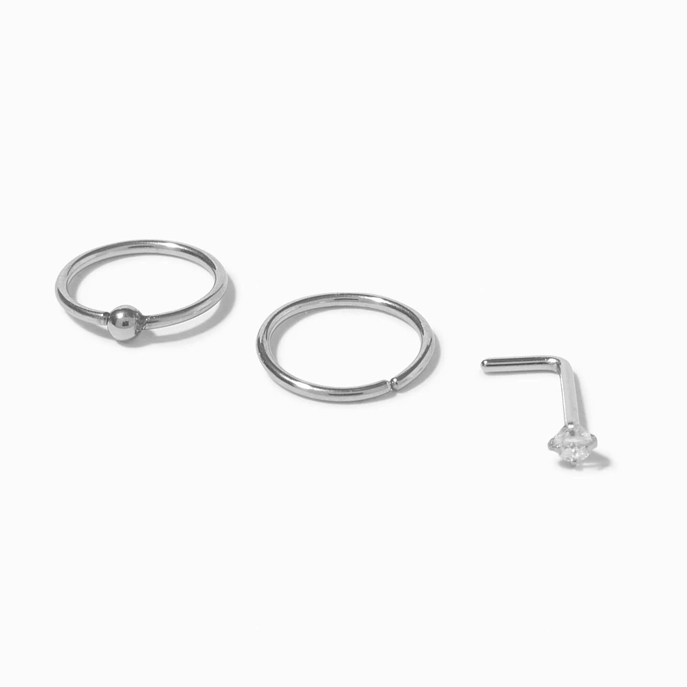 Silver-tone Stainless Steel 20G Nose Stud & Hoops - 3 Pack