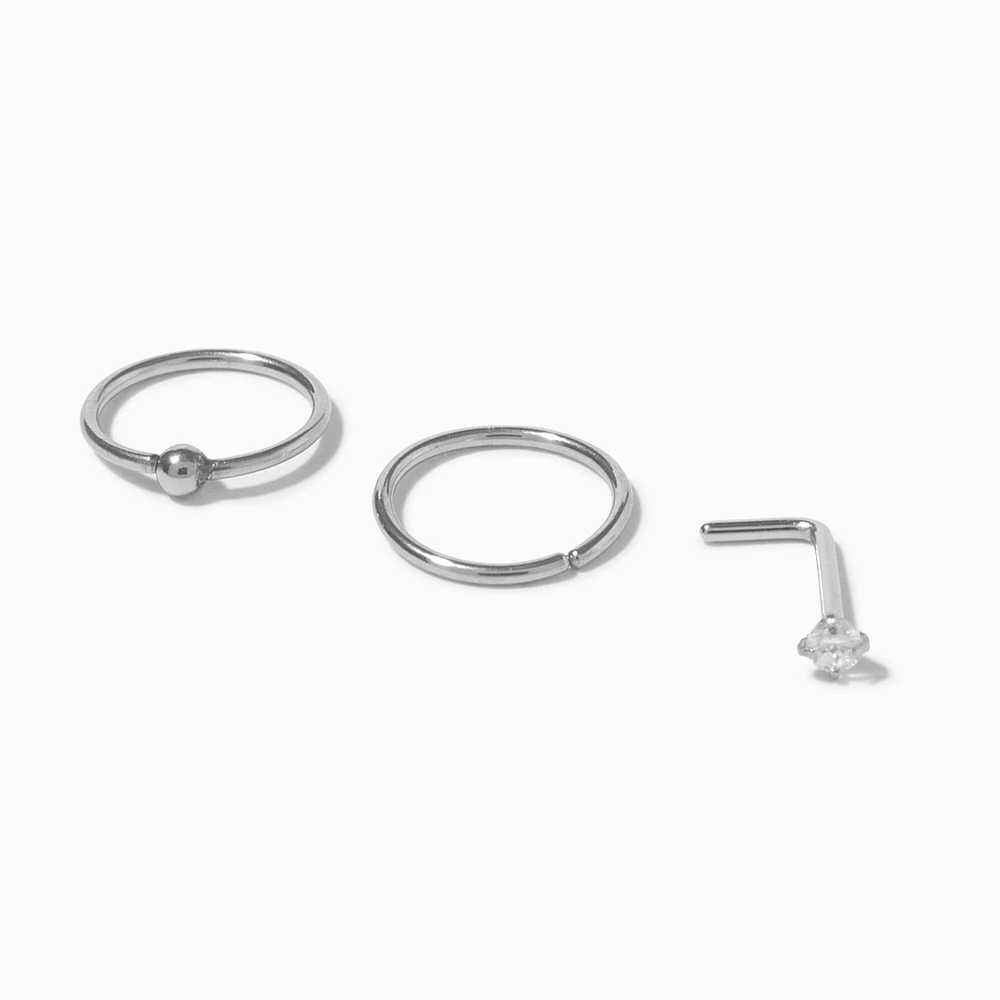 20G Silver-tone Stainless Steel Cubic Zirconia Nose Stud & Hoops - 3 Pack