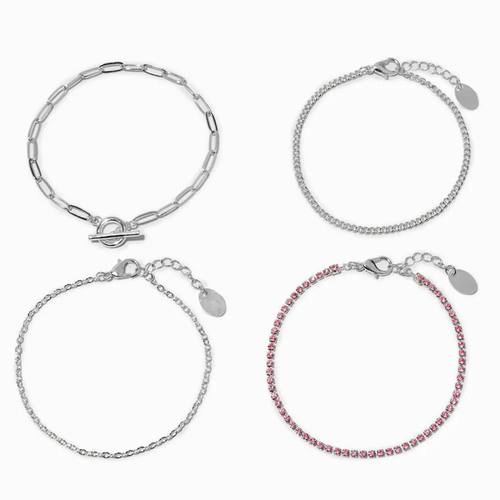 Silver-tone Pink Cup Chain Bracelet Set - 4 Pack