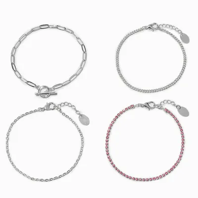Silver-tone Pink Cup Chain Bracelet Set - 4 Pack