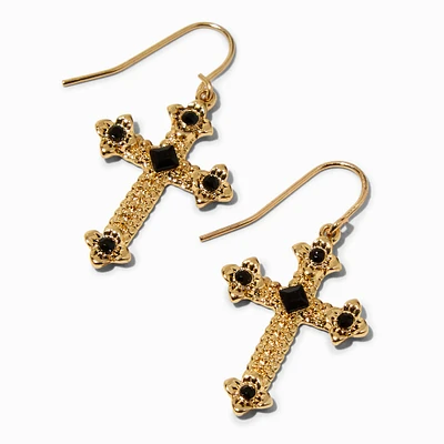 Black Stone Gold-tone Cross 1.5" Drop Earrings