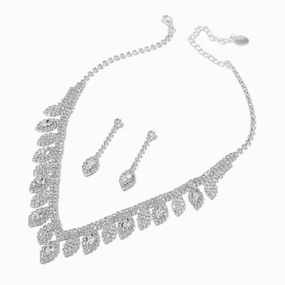 Silver-tone Rhinestone Leaf Statement Necklace & Earrings Set