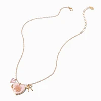 Pink Rose Heart Locket Gold-tone Pendant Necklace