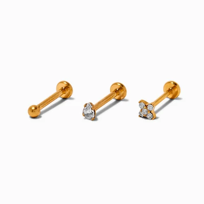 Gold-tone Titanium Cubic Zirconia 18G Stud Threadless Tragus Earrings - 3 Pack