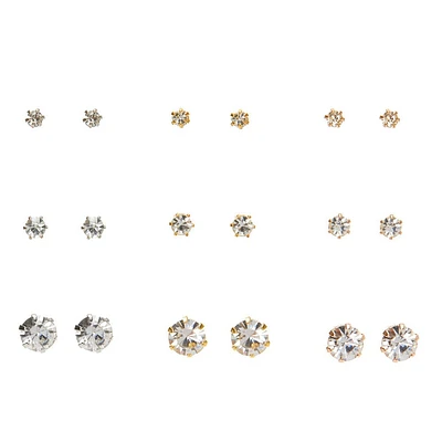 Mixed Metal Graduated Crystal Stud Earrings - 9 Pack