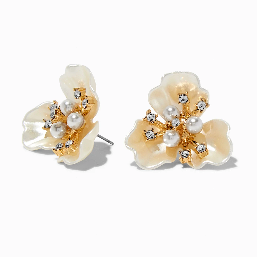 Pearl & Crystal Flower Gold-tone Stud Earrings