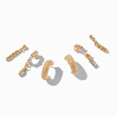 Gold-tone Fancy Crystal Chain Earring Stackables Set - 3 Pack