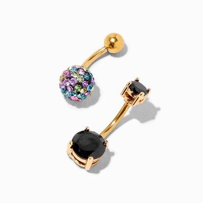Rainbow Fireball & Black Crystal 14G Gold Belly Rings - 2 Pack